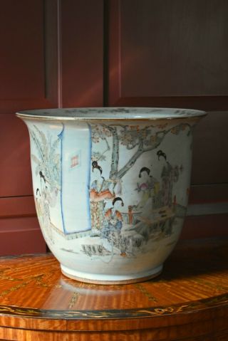 A Large Antique Chinese Famille Rose Court Scene Porcelain Jardiniere Planter