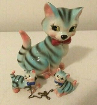 Vintage Set Ceramic Cat Figure W/ 2 Kittens Japan W/foil Sticker Mid Century Mod