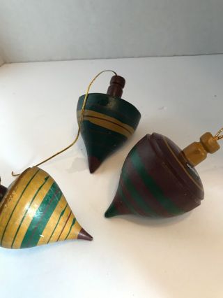 Set Of 3 Vintage Wooden Spinning Tops Christmas Ornaments