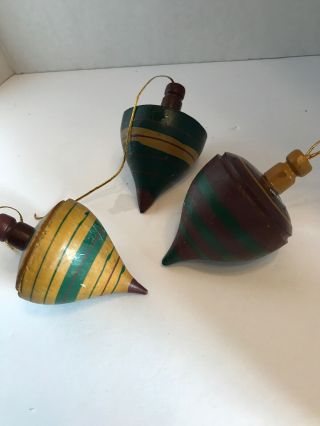 SET of 3 Vintage Wooden SPINNING TOPS Christmas Ornaments 3