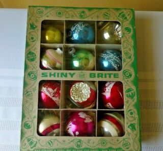 Vintage Shiny Brite Christmas Ornaments Box Assorted Design Set Of 12