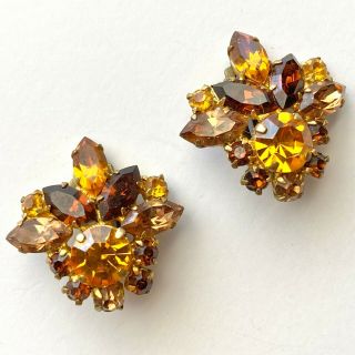 Signed Made Austria Vintage Amber Marquise Rhinestone Flower Clip Earrings 270