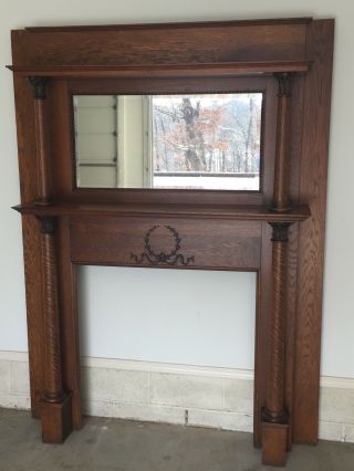 Antique Quarter Sawn Oak Fireplace Mantel With Beveled Mirror