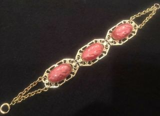 Vintage Gold Tone Filigree And Pink Cabochon Bracelet