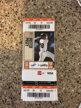 2017 San Francisco Giants Vs Los Angeles Dodgers Ticket Stub 4/26 Arroyo Hr 1