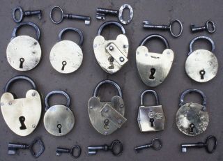 10 Old Brass And Iron French Padlocks With Keys