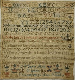 Early/mid 19th Century Verse & Alphabet Sampler By Mary Ann Rigden Aged 7 - 1842