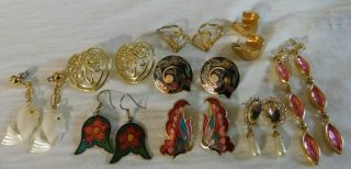 9 Pairs Of Vintage And Fashionable Earrings Pierced Cloisonne,  Enamel,  Gold,  Mop