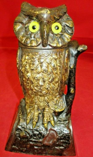 Antique Mechanical Cast Iron Bank J&e Stevens 1890s Owl Turns Head Orig Paint C9