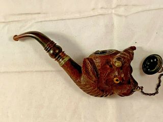 Vintage Carved Wood Bull Head Tobacco Pipe With Chain