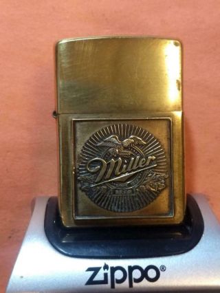 Graphic Solid Brass Zippo Lighter - Advertising Miller Beer -