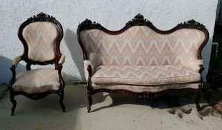 Antique Victorian Carved Rosewood/walnut Sofa Settee Couch & Matched Chair