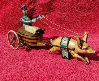 Antique Gunthermann Lehmann Tin Paddys Pride Pig Pulling Rider In 2 Wheeled Cart