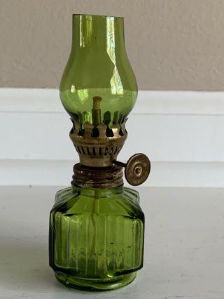 Vintage Miniature Green Glass Oil Lamp Ribbed Square Base Hong Kong 4.  5 "