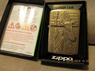 Brass Zippo Lighter With Eagle & Statue Of Liberty,  Bottom Label E Zippo 02