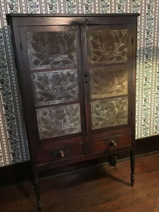 Antique Pie Safe With 12 Punched Tin Panels And Turned Legs