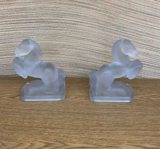 Pair Vintage Frosted Glass Crystal Horse Figurines Mid Century Modern Bookends