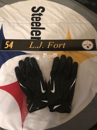 Lj Fort Game Worn Gloves And Issued Locker Room Nameplate Steelers