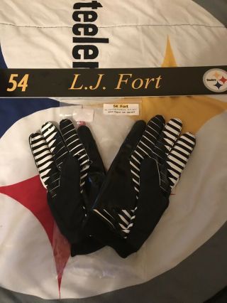 LJ Fort Game Worn Gloves And Issued Locker Room Nameplate Steelers 2