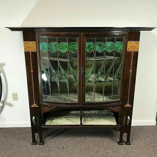 Antique Art Nouveau Rosewood Leaded Glass Front China Display Cabinet
