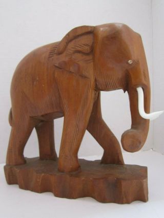 Hand Carved Teak Wood Elephant With Tusks - Vintage.  9 " Tall.  Large.