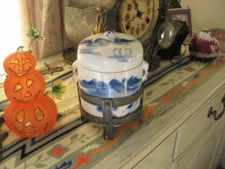 An Antique 19th Century Porcelain Blue&white Tobacco Jar On Tin Stand Double Lid
