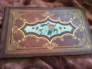 Antique Victorian Autograph Book Leather W Hand Painted Flowers On Silk 1884 - 85