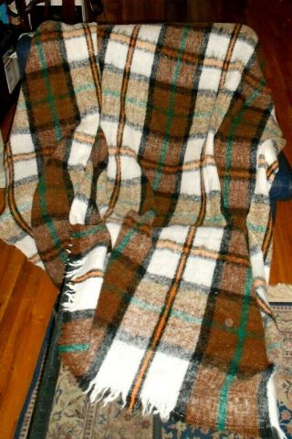 Vintage Plaid Mohair Wool Blend Blanket Queen Size Throw 80 X 88 Inches Vguc