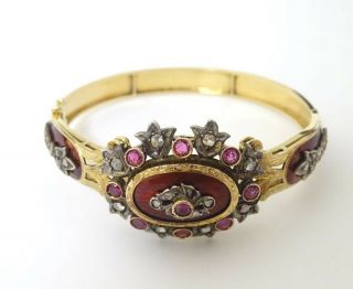 Antique 18 Ct Solid Gold Diamond And Ruby Bangle
