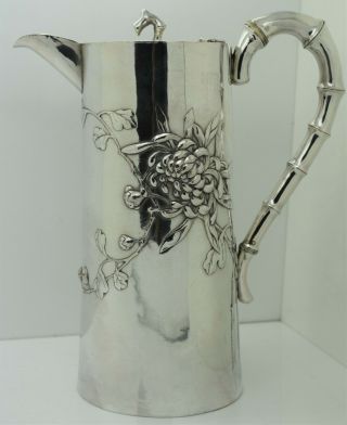 Good Chinese Export Silver Coffee Pot/jug.  Huge Chrysanthemums.  Signed C.  1900