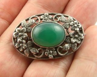 Vintage Silver Chrysoprase Art Nouveau Design Green Agate Cabochon Brooch Pin
