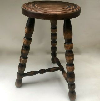 Vintage French Wooden 3 Leg Milking Stool,  Turned Wood Legs & Circular Seat