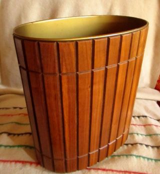 Mod Vintage Gruvwood Midcentury Modern Wood Exterior Oval Trash Can Waste Basket