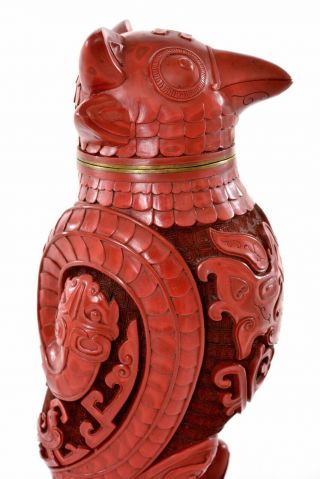 Chinese Cinnabar Lacquer Deep Carved Carving Eagle Hawk Bird Shaped Vase Jar Box