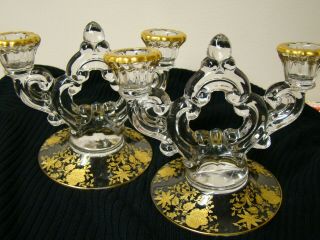 Vintage Cambridge Glass Wildflower Gold Etched Double Candle Holders