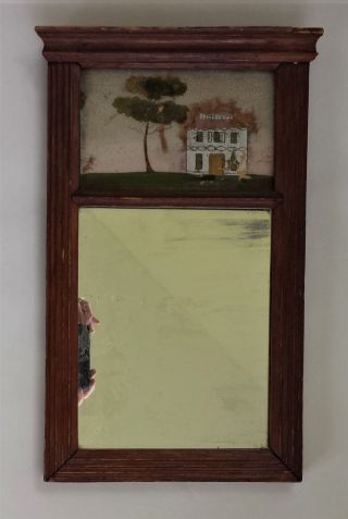 1800 Antique Reverse Painted Mirror Frame Folk Art Saltbox House Aafa Ooak