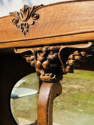 Exceptional Antique Oak Griffin Carved Curio Cabinet Server