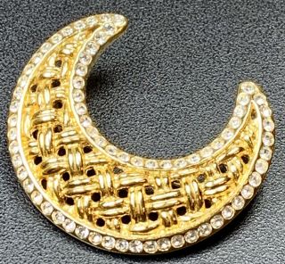 Signed Monet Vintage Brooch Pin 1.  5” Gold Tone Cresent Moon Crystal Rhinestones