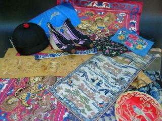 Large Group Of Antique Chinese Embroidered Silk Panels,  Hat,  Shoes,  Purse