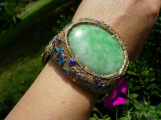 A Large Antique Chinese Enamel Silver And Apple Green Jade Bracelet