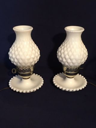 Vintage Hobnail White Milk Glass Lamp Pair With Shades