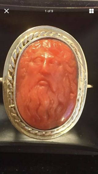 Antique Victorian Carved Red Coral Cameo 18k Gold Ring