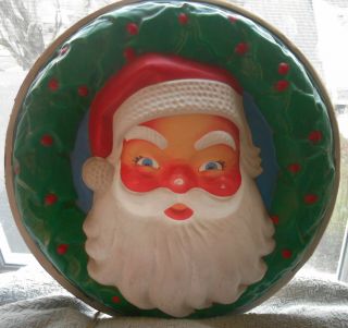 Vintage Plastic Lighted Santa Claus Face Wreath Blow Mold Light Christmas Decor