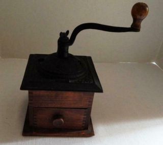 Vintage Woodcroftery Wood Cast Iron Hand Crank Coffee Bean Grinder Mill Drawer