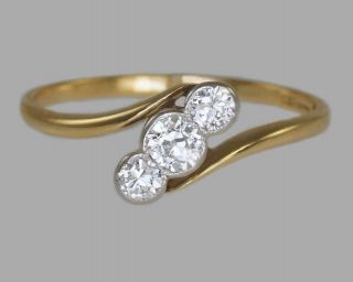Antique 18ct Gold Old Cut Diamond Trilogy Ring Vintage Art Deco 1920s Twist Ring