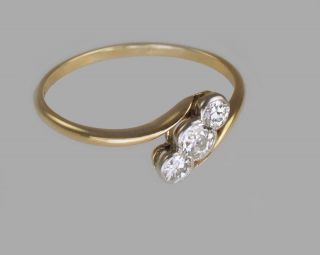 Antique 18ct Gold Old Cut Diamond Trilogy Ring Vintage Art Deco 1920s Twist Ring 3