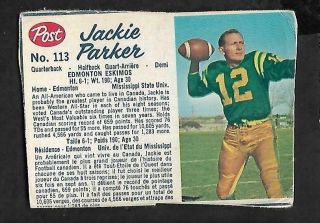 1962 Post Cereal Cfl Football: 113 Jackie Parker Qb,  Edmonton Eskimos