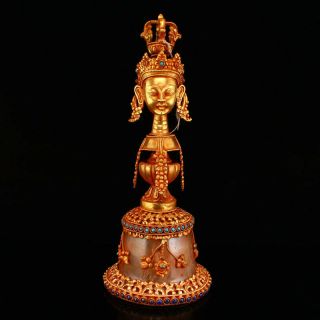 Vintage Tibetan Buddhism Gilt Gold Crystal Inlay Gems Prayer Bell