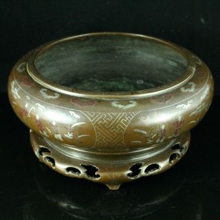 Chinese Bronze Censer Incense Burner Bowl W/ Silver Inlay Panels With Figures