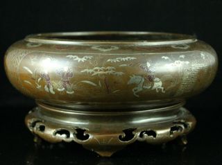 Chinese Bronze Censer Incense Burner Bowl w/ Silver Inlay Panels with Figures 2